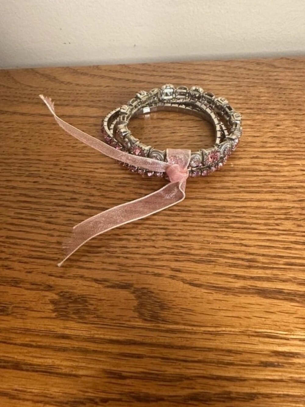Silver Tone Pink Rhinestone Stretch Bangle Bracelet Set of 3 Stackable Elastic r